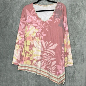 Soft Surroundings Small Shirt Top Pink Floral Long Sleeve V Neck Stretch Knit